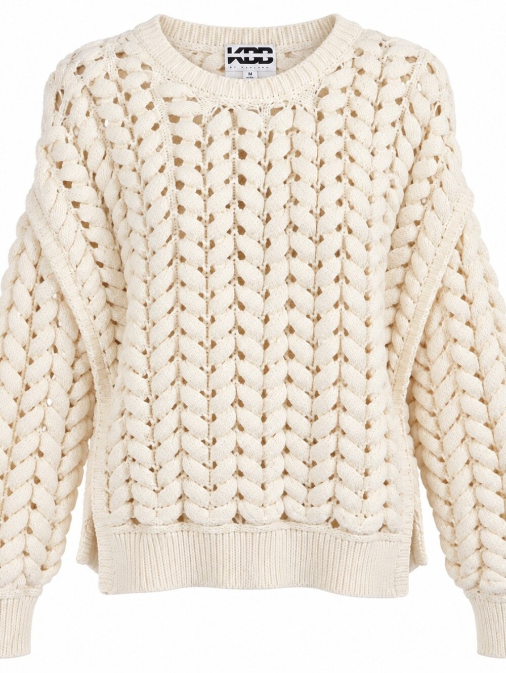 NWT KBB by Kahlana Chunky Open Knit Crewneck Sweater Cream M Fisherman Nautical
